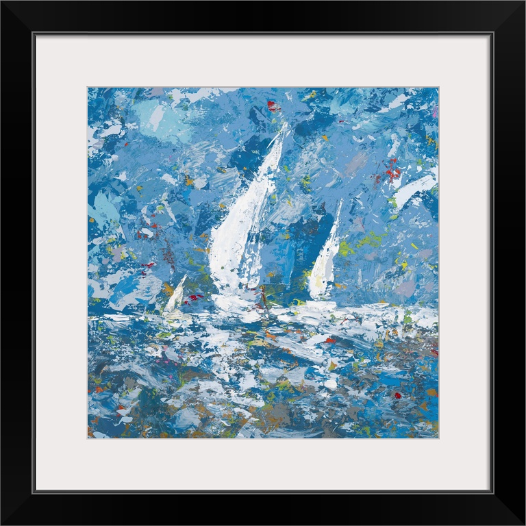 Square, giant abstract painting of three sailboats in the water, beneath a blue sky.  Painted with chaotic brushstrokes an...