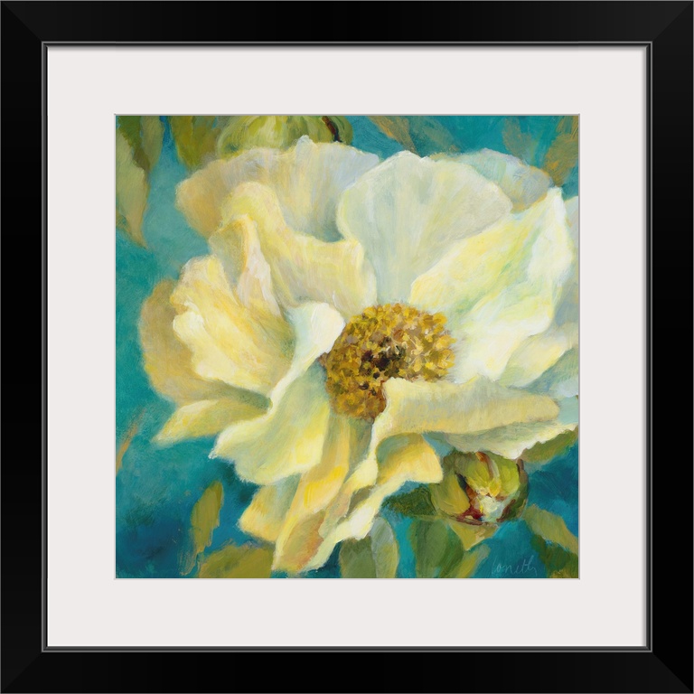 Soft brush strokes of white and yellow create a peony against a teal background.