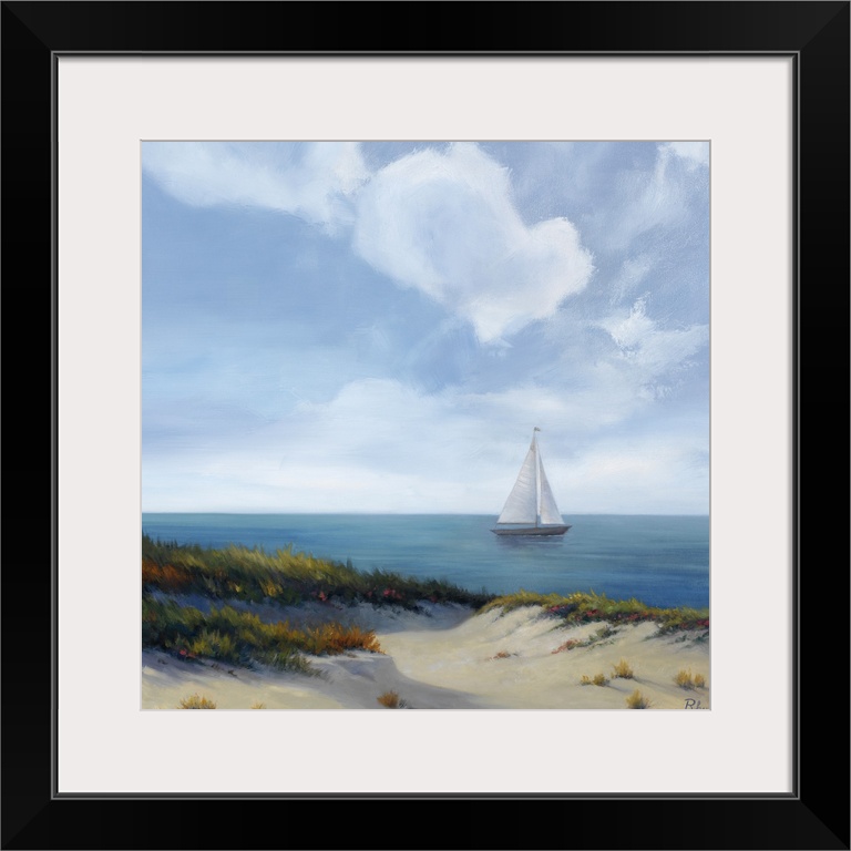 This is a square shaped painting by a contemporary artist of beach dunes covered with grass and sailboat gliding across a ...