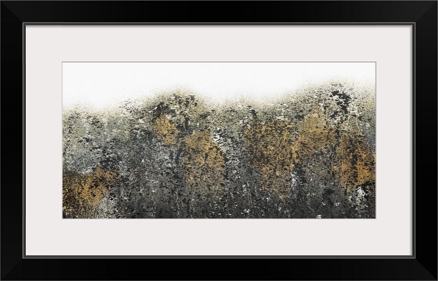 Contemporary abstract painting with black, gold, and white paint splatter.