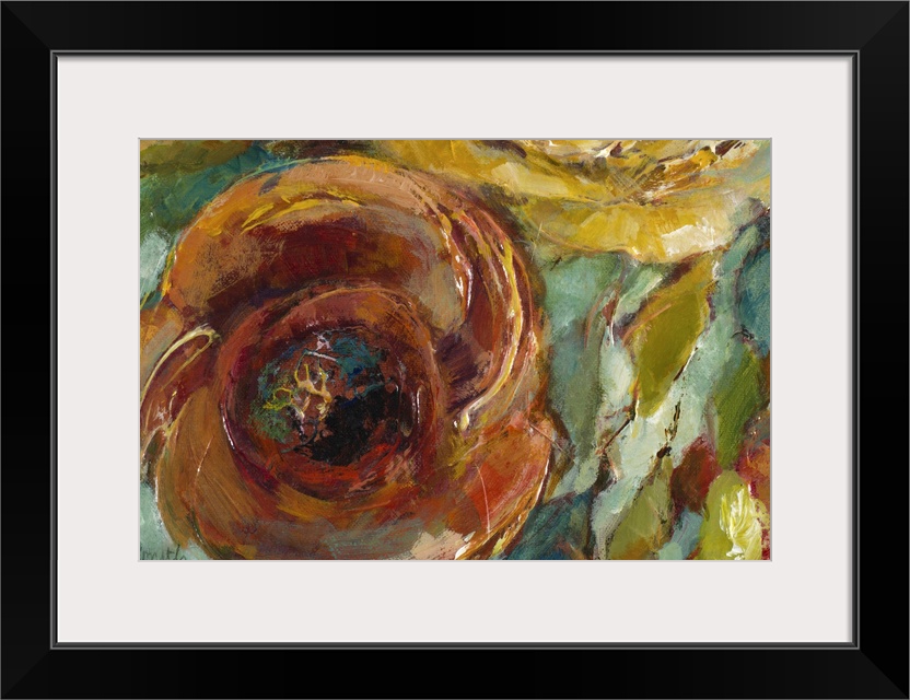 Contemporary artwork of round flowers in rich tones.
