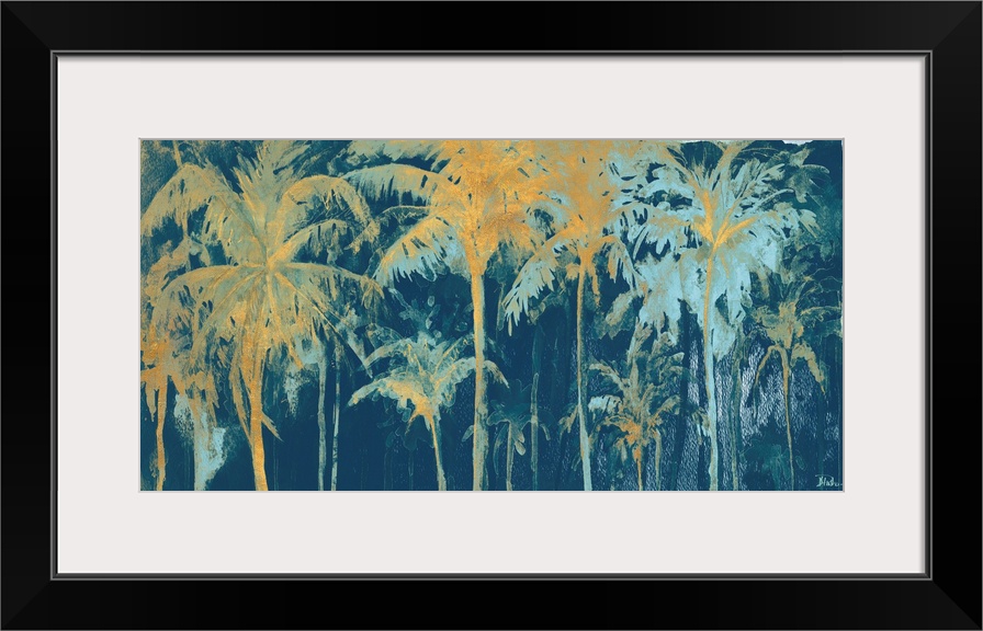 A tropical watercolor painting of gold and teal palm trees on a dark blue background.