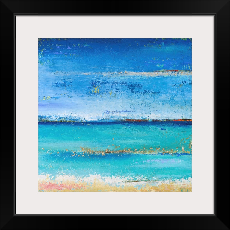 Abstract painting of a blue colorscape resembling the ocean from a beach view.