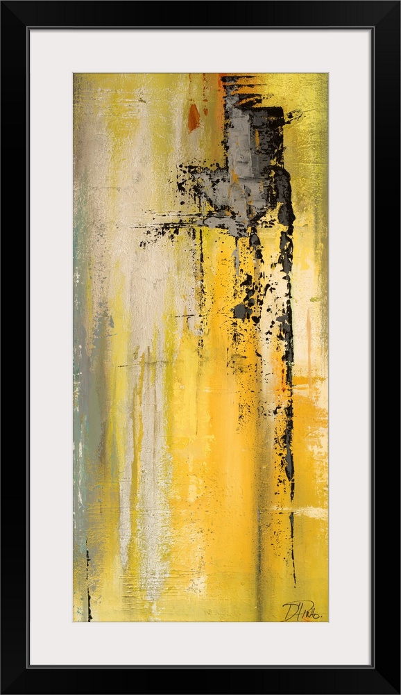 Contemporary abstract painting using yellow tones mixed with gray in vertical streaking motions.