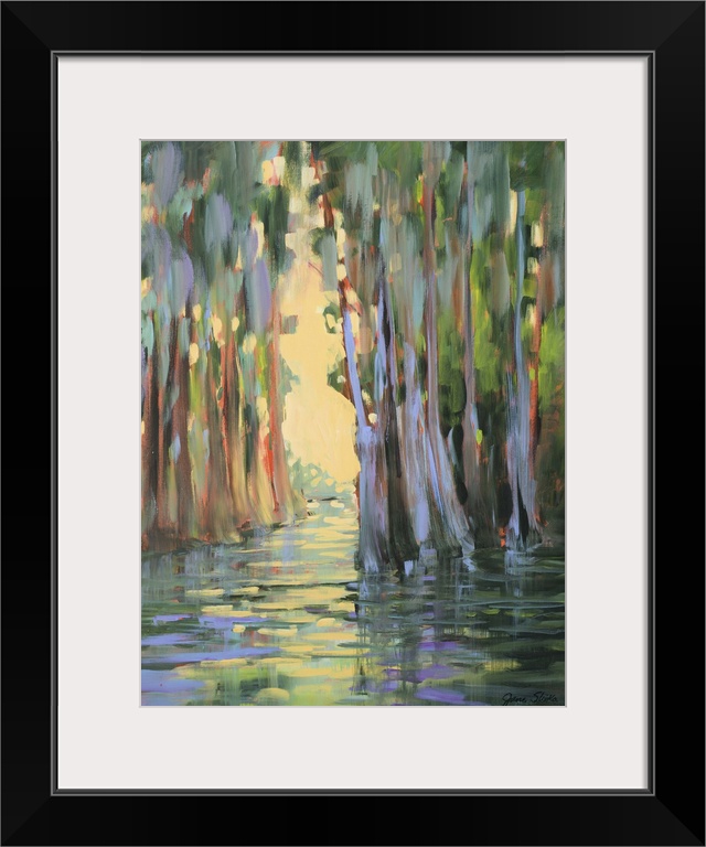 Contemporary artwork of a swampy forest with golden sunlight.