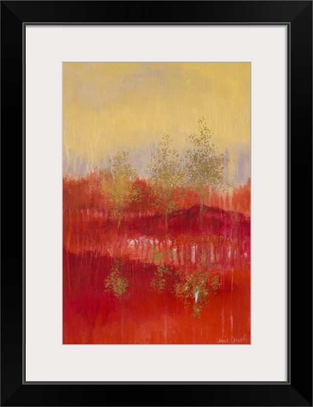 Abstract painting of a red and yellow landscape with golden trees.
