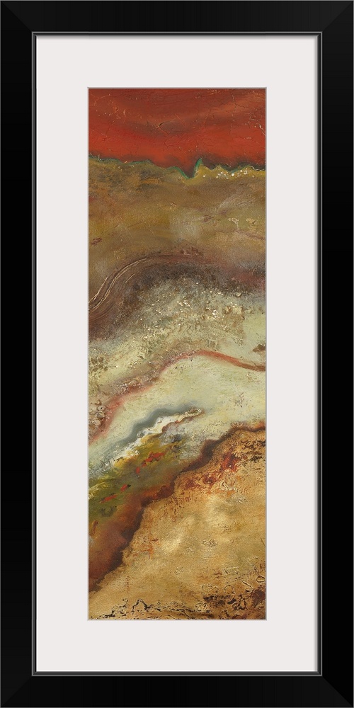 Oversized, vertical, abstract art of jagged, horizontal layers of earth, in various earth tones, divided by squiggling, in...