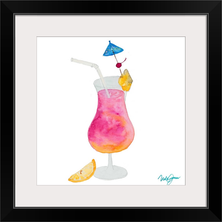 Square watercolor painting of a tropical pink and orange cocktail in a daiquiri glass with a drink umbrella, cherry, pinea...