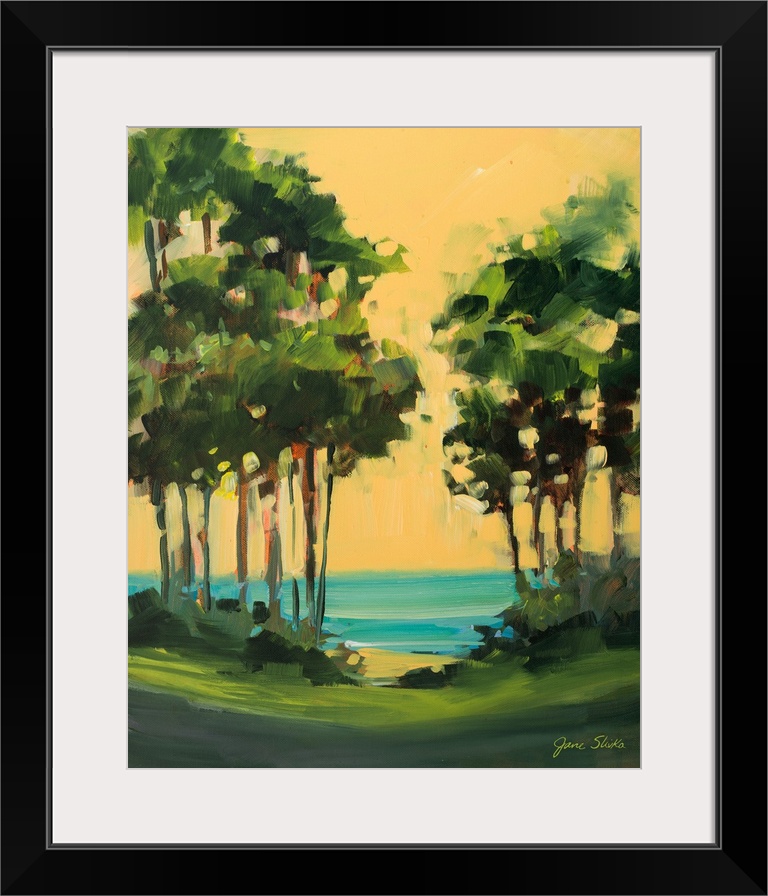 Contemporary landscape painting with trees near the ocean.