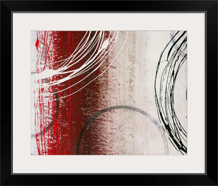 Abstract painting of  overlapping circles and lines.  The background has distressed vertical bands of muted colors.