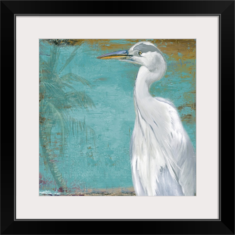 Docor perfect for the home of a painted white heron peering to the left where there is a faded palm tree.