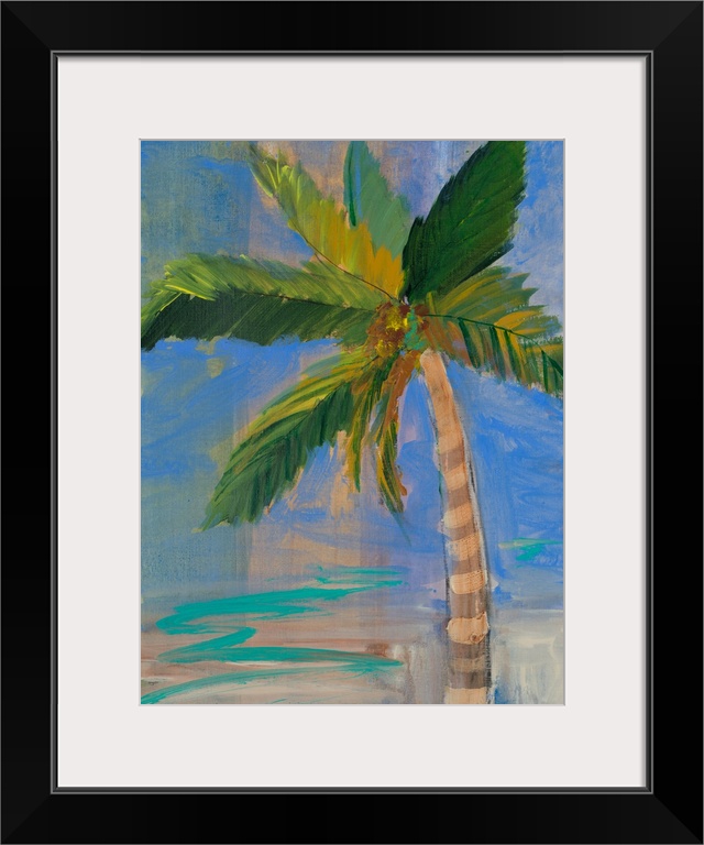 Contemporary painting of a palm tree against a deep blue sky.