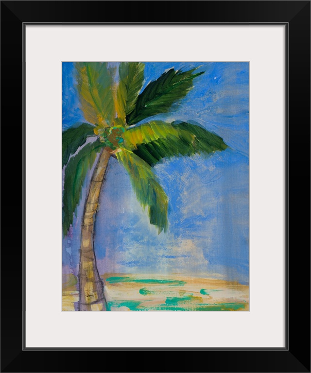 Contemporary painting of a palm tree against a deep blue sky.