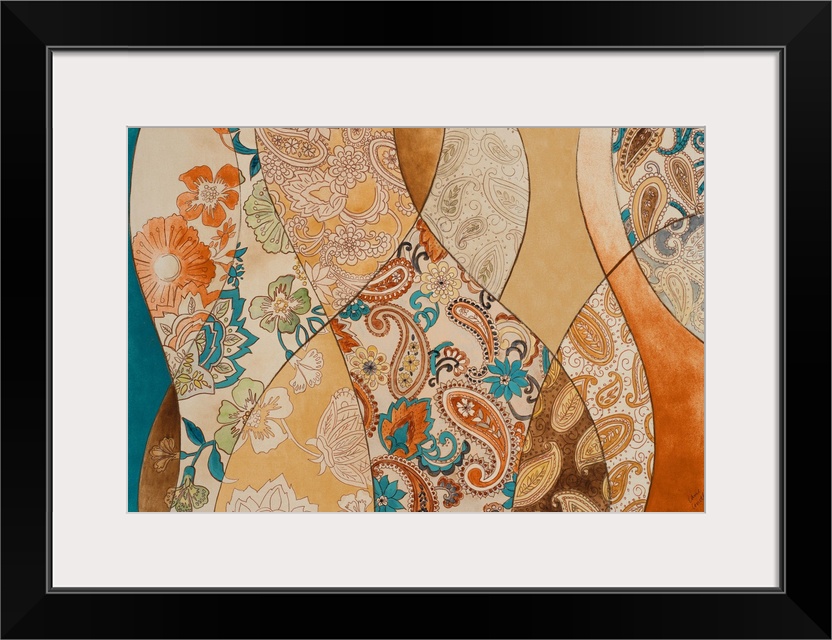 Abstract artwork with blue and orange toned paisley patterns.