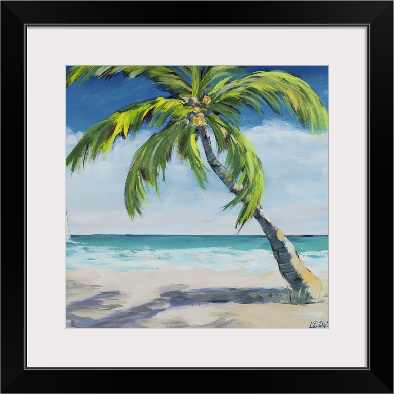 Square painting of a relaxing coastal scene with a sandy beach and a big palm tree with a sailboat in the distance.