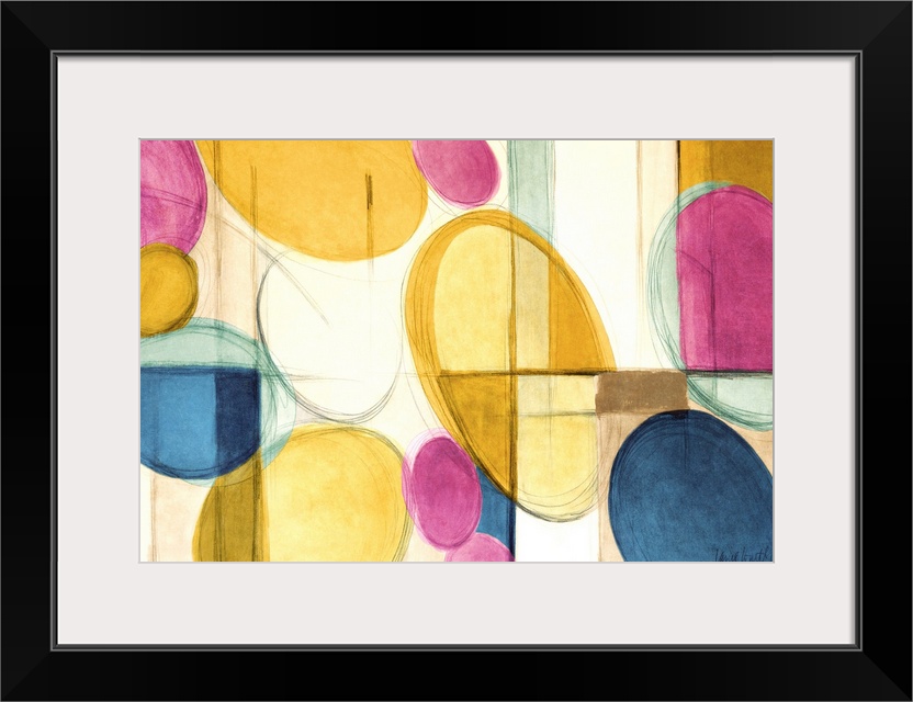 Abstract painting in colorful circular shapes and intersecting lines.