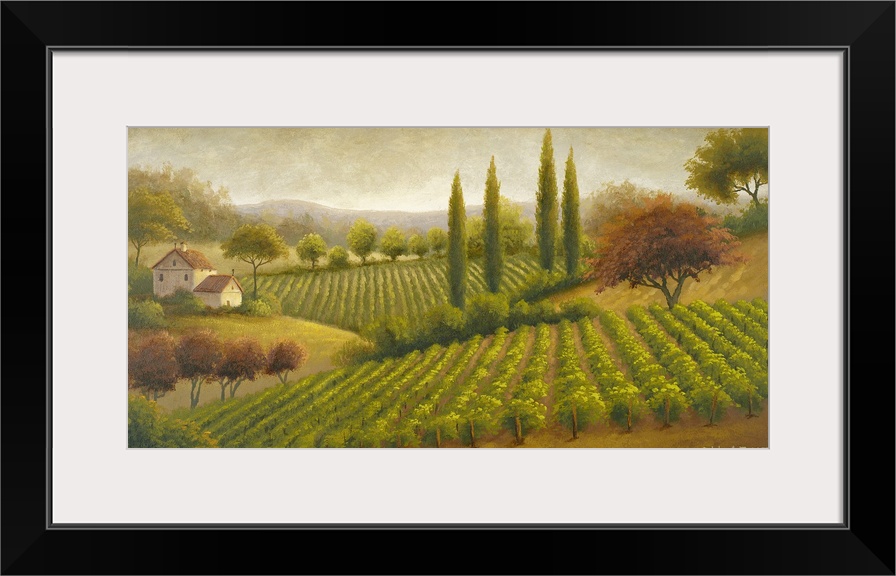 Contemporary painting of a serene Tuscan countryside with tall cypress trees, rows of grapevines and a small farmhouse.