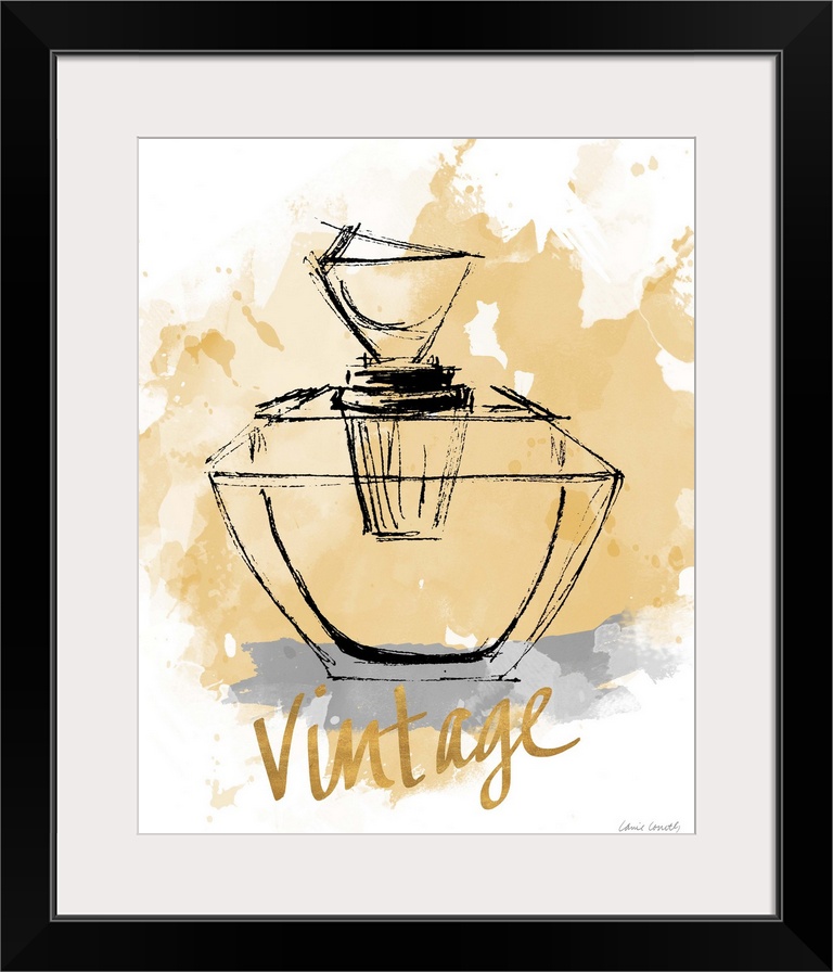 Black outline of a perfume bottle on a gold paint splatter background with the word "Vintage" written at the bottom in met...