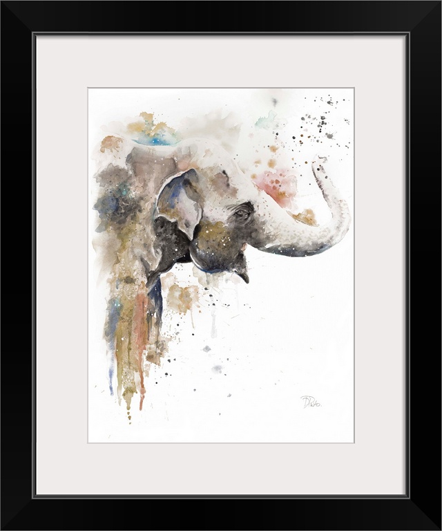 Watercolor painting of an elephant embellished with gold and paint splatters.