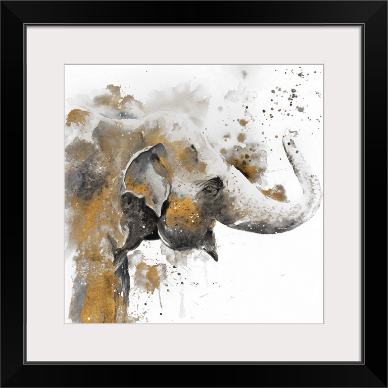 Watercolor painting of an elephant embellished with gold and paint splatters.