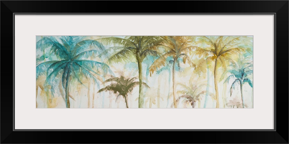 A tropical watercolor painting of tan, blue, green, and yellow palm trees.