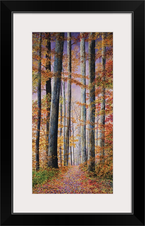 A contemporary painting of a path in the woods surrounded by Fall trees and a violet sunset.