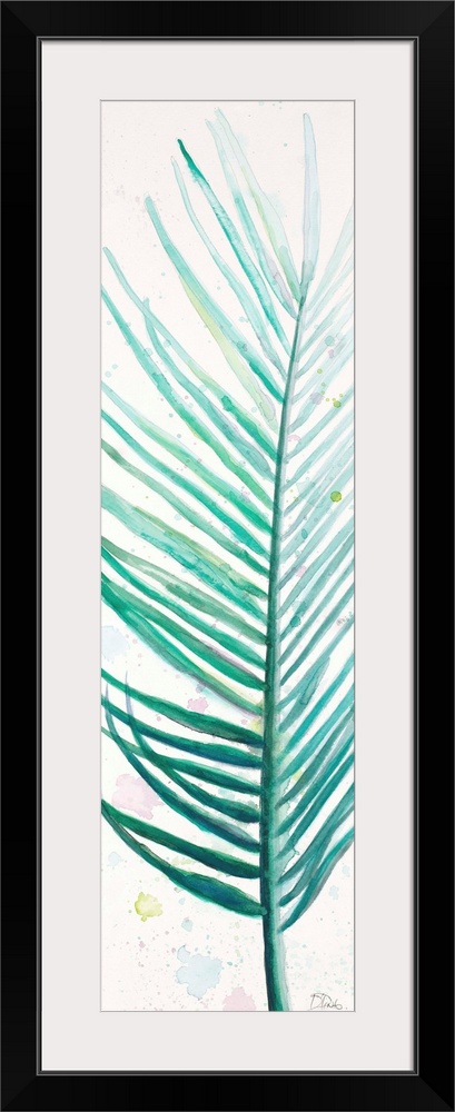 Tall watercolor painting of a green-blue palm leaf with light colorful paint spatter on the white background.