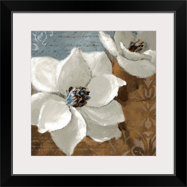 Square wall art of two flower blossoms painted on decorative backgrounds containing hand written words.