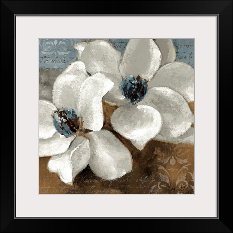Big floral art composed of a close-up of two flowers set against a background filled with muted tones, intricate patterns ...