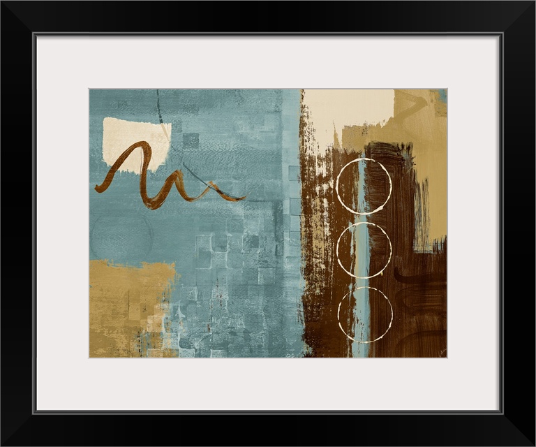 Horizontal, contemporary home art docor in earth tones, various shapes and brushstrokes layered on top of patches of trans...