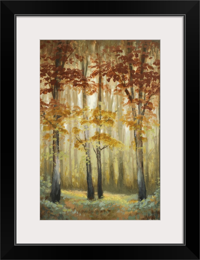 Contemporary painting of an autumn foliage forest illuminated in a soft glow.