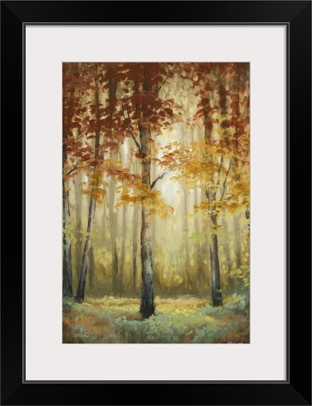 Contemporary painting of an autumn foliage forest illuminated in a soft glow.