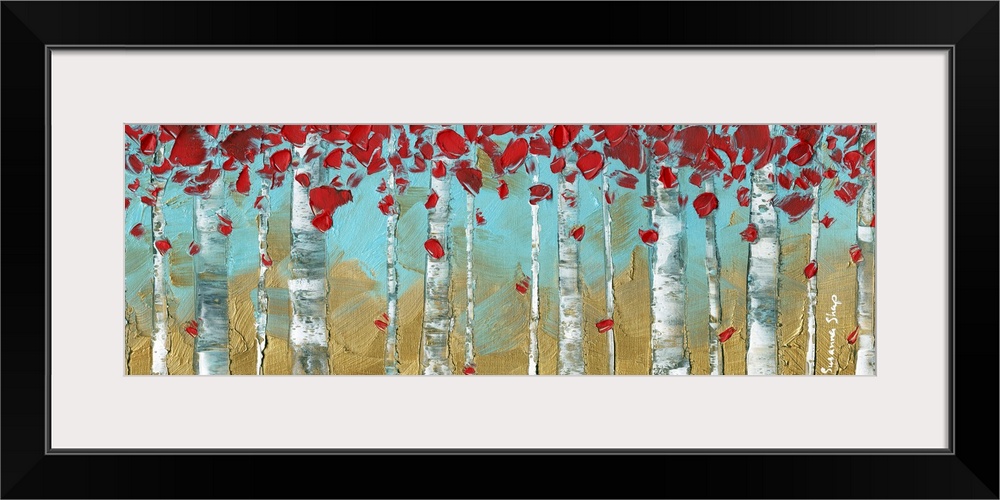Panoramic painting of Birch trees on a gold and light blue background with bright red leaves.