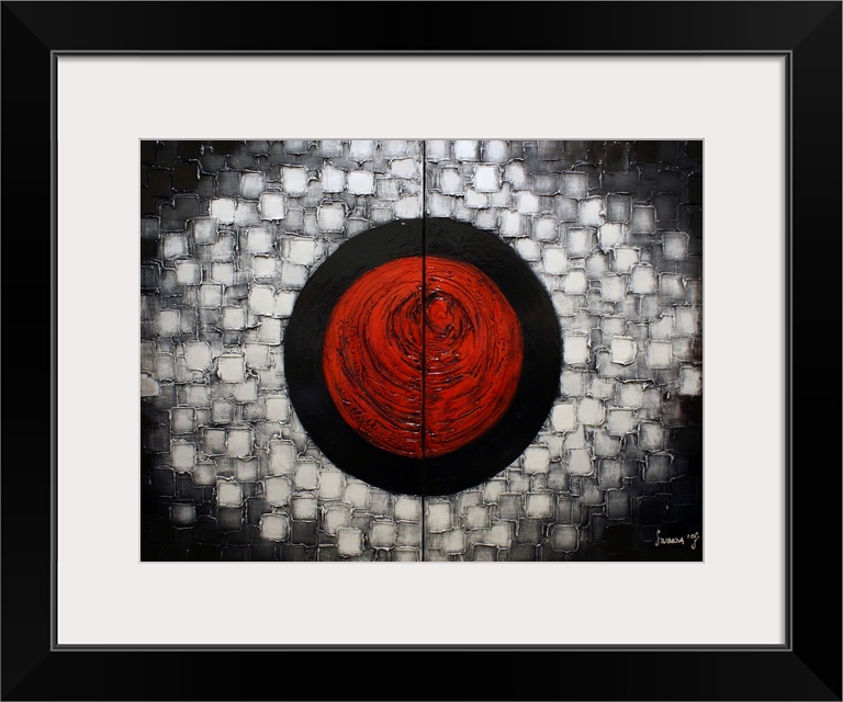 Abstract painting with a large red circle in the center inside of a larger black circle with layered white and gray square...