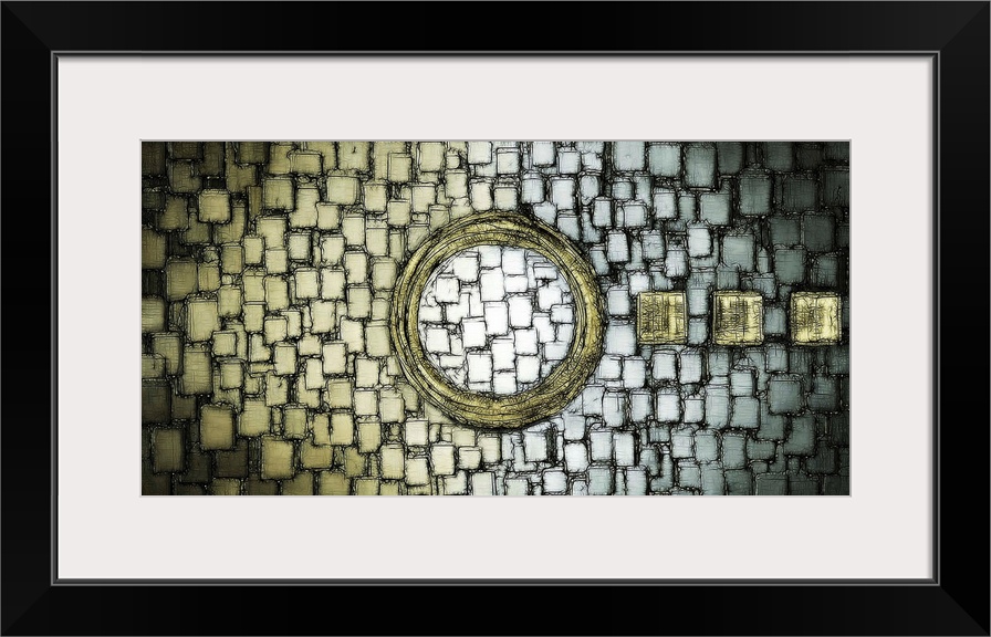 Large abstract illustration with layered squares on the background and a large circle in the center in shades of gold, sil...