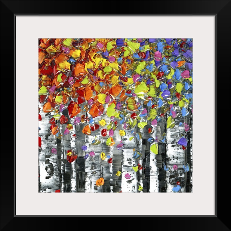 Abstract painting of Birch trees with colorful leaves on a square background.