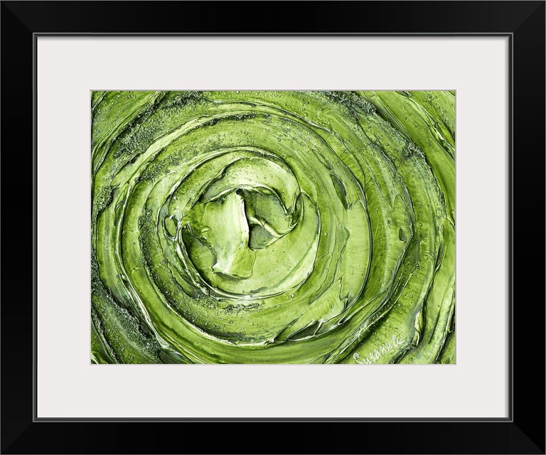 Large abstract painting with thick circular strokes and layers of paint in bright green and silver.