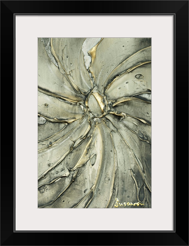 Abstract painting with thick curved lines meeting together at a circle in the middle in gray and silver hues.