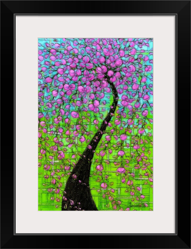 Digital illustration of a large blossoming tree with bright pink flowers on a light blue and green background.