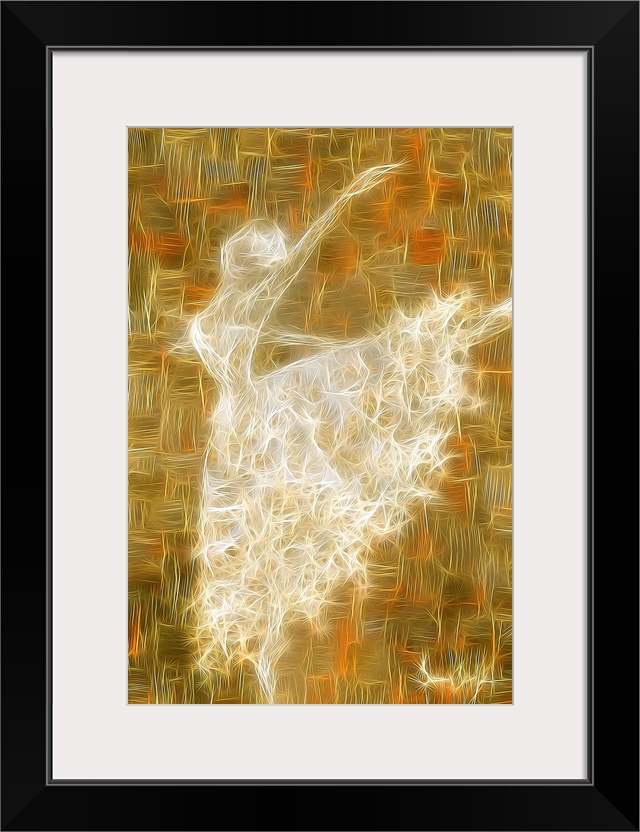 Large digital illustration of a ballerina created with thin, woven lines on a gold and orange background.