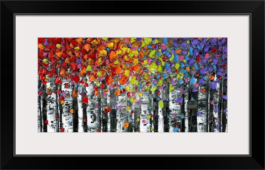 Contemporary multicolored birch trees in a forest landscape.