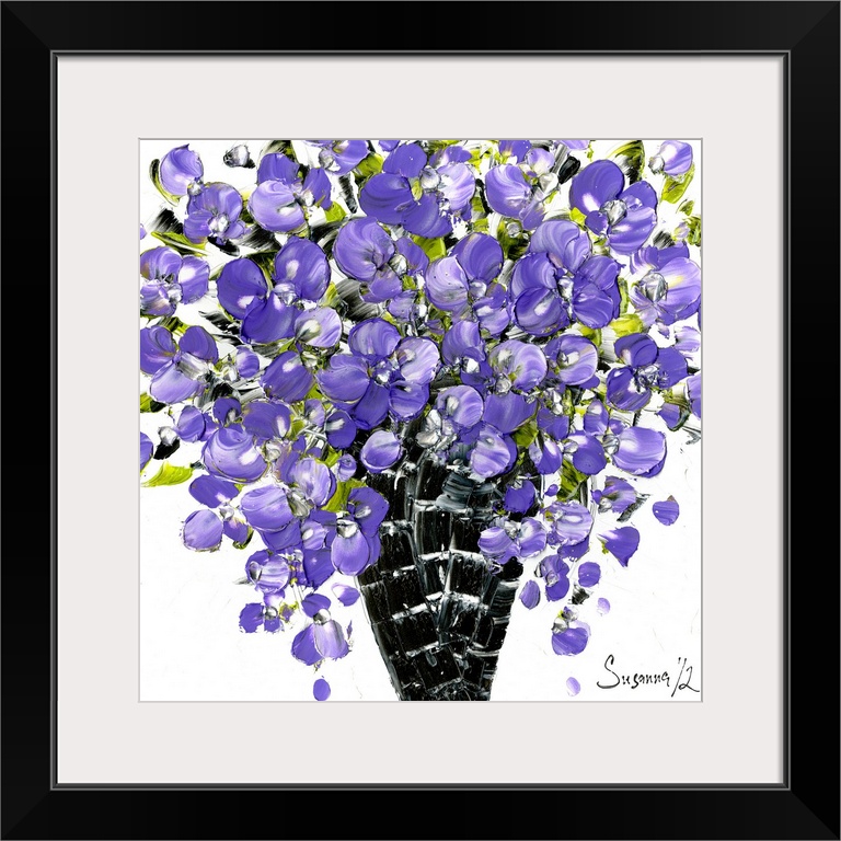 Square painting with textured purple flowers arranged in a black vase on a white background.