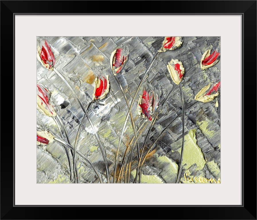 Abstract painting of red and yellow tulips on a gray textured background.