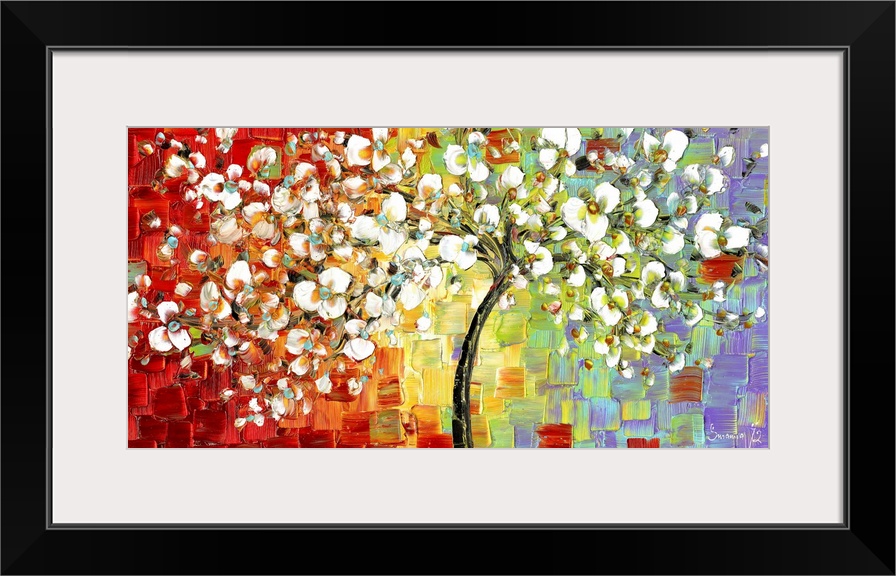 Contemporary painting of a tree with white blossoming flowers on a colorful background creates with red, yellow, green, an...