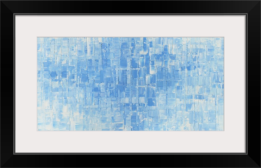 Large abstract painting with square and rectangular shapes in light blue and white hues.