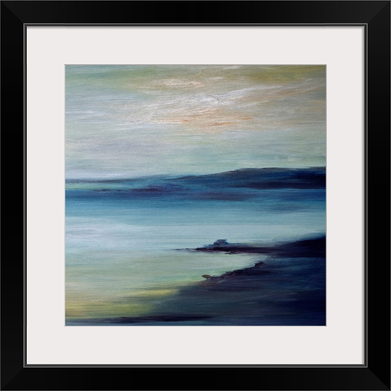 A large piece of contemporary artwork of a painted coast with land protruding into the water in the distance.