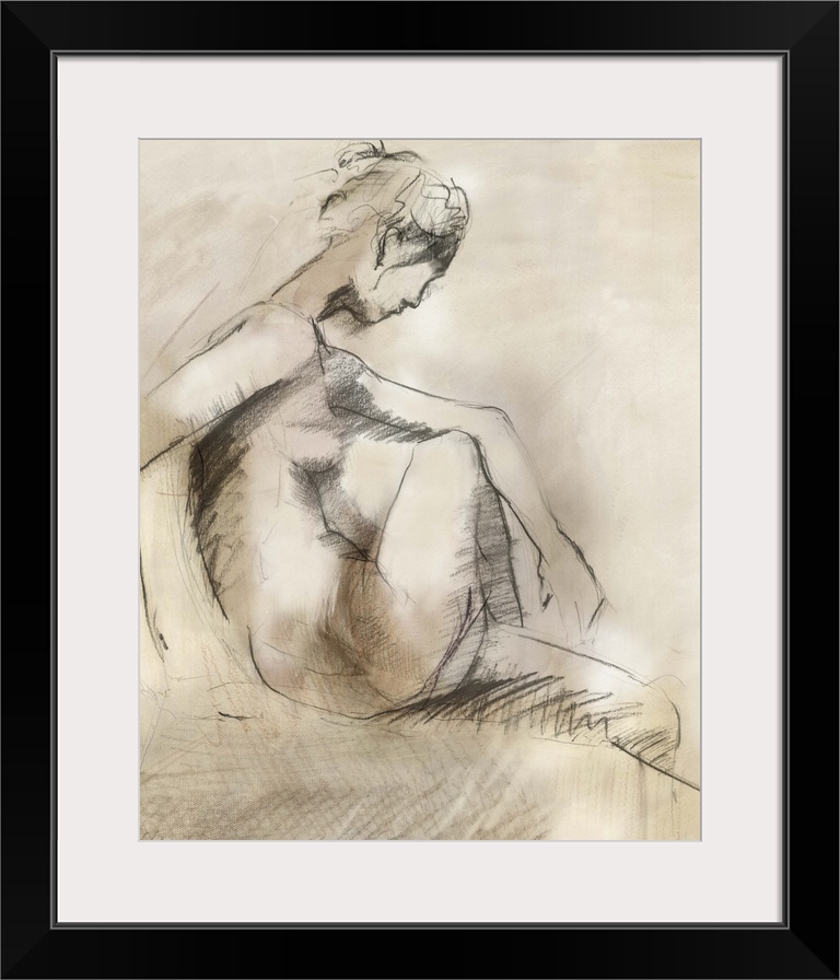 Contemporary drawing of a female nude profile, in a seated position.