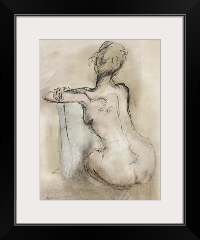 Contemporary drawing of a female nude, in a seated position.