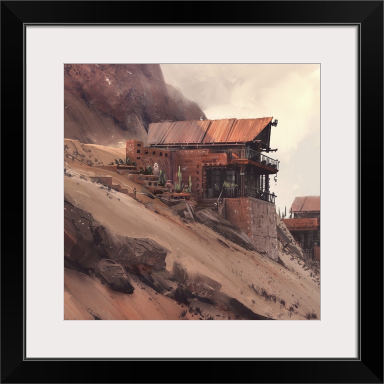 Painting of a house in the desert on steep sandy hill.