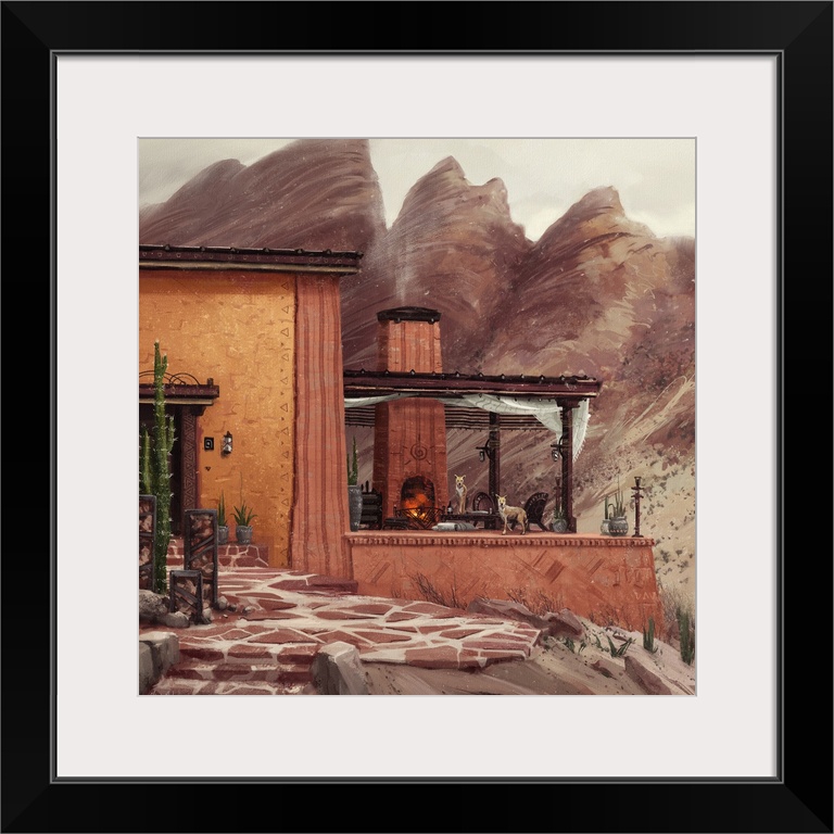 Painting of a house in red desert.